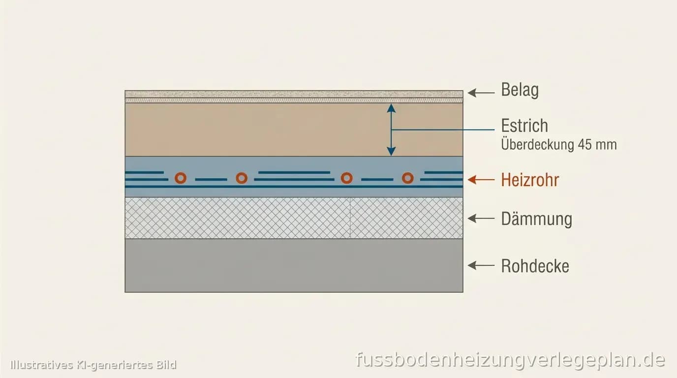 Schema: Rohr im Estrich mit Überdeckung, Randdämmung und Schichten bis zum Belag