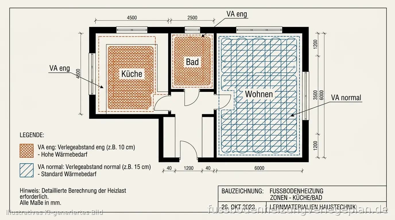 Schema: Heizkreise in Bad und Küche mit Aussparungen für Dusche, WC und Küchenzeile