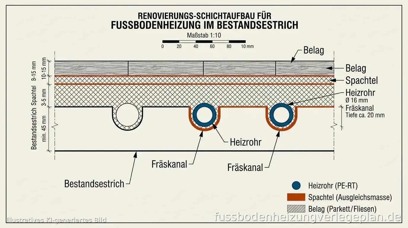Schema: Schichtaufbau Renovierung mit Dämmung, Heizung, Estrich oder Trockenaufbau und Belag