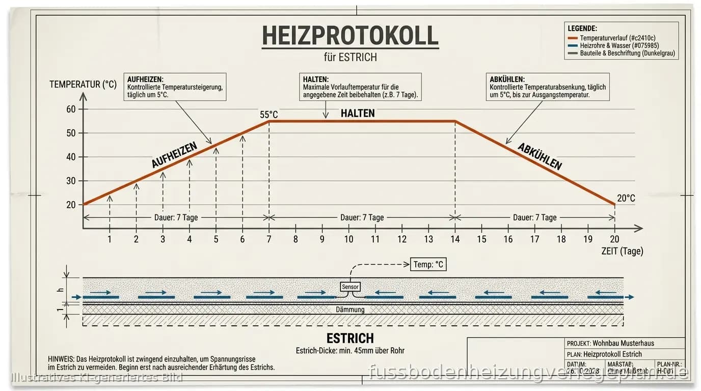 Schema: Schritte vom Estrich über Funktionsheizen und Belegreifheizen bis zur Belagsfreigabe