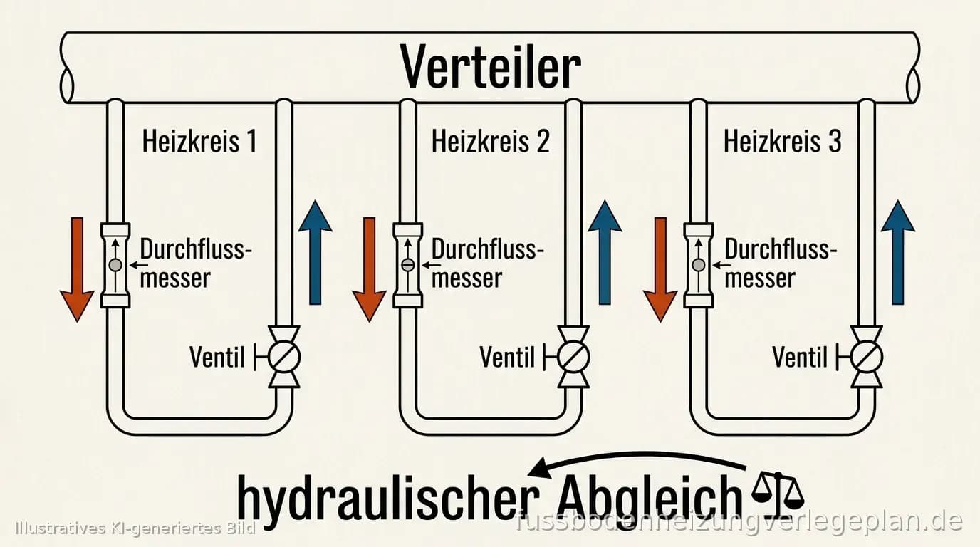Schema: Verteiler, Heizkreise unterschiedlicher Länge und Abgleichventile