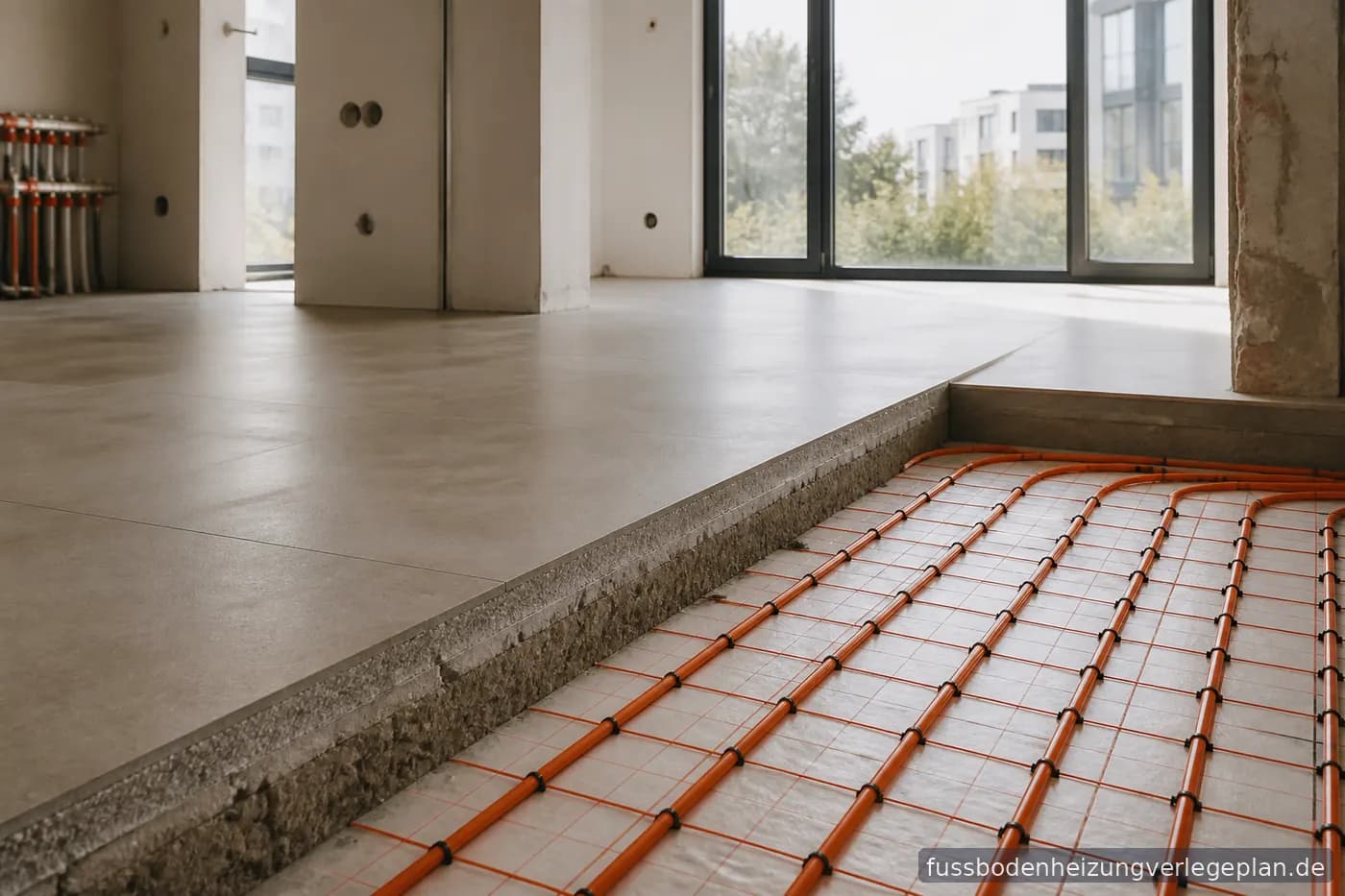 Renovierungsraum mit freigelegtem Untergrund – Vorbereitung für nachträgliche Fußbodenheizung und Verlegeplan