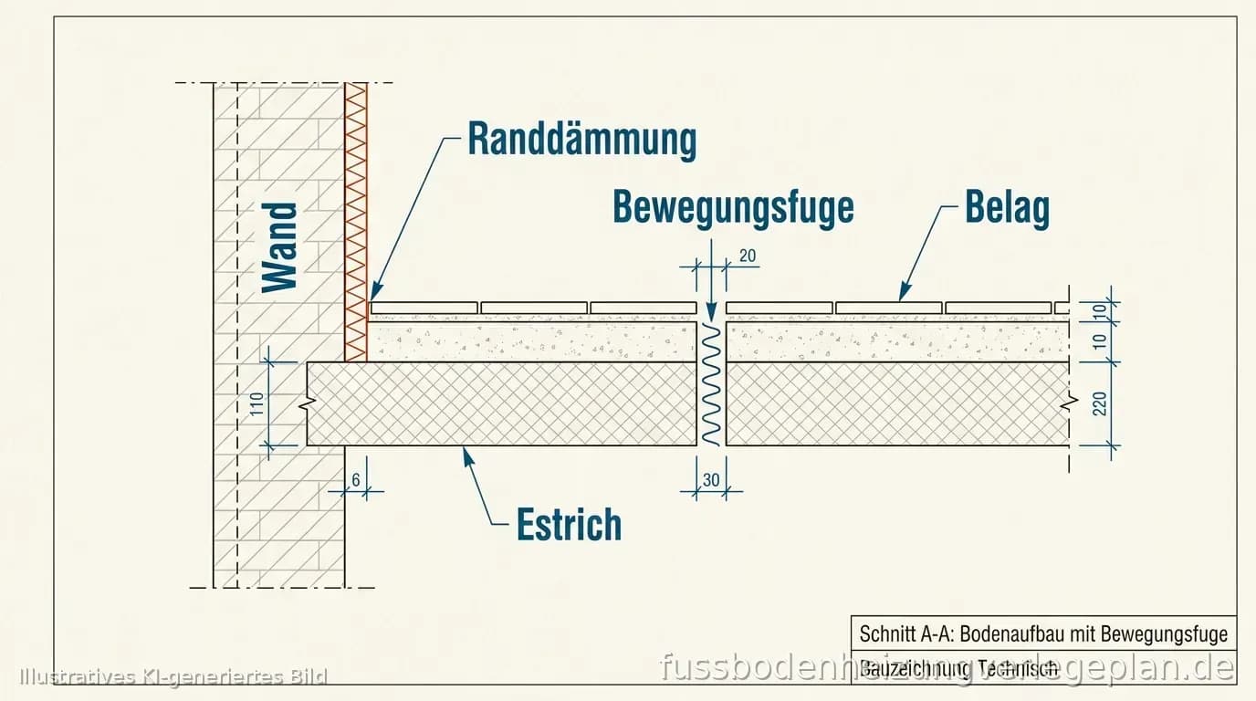 Schema: Randdämmung an der Wand und Bewegungsfuge im Estrichfeld mit Rohrführung