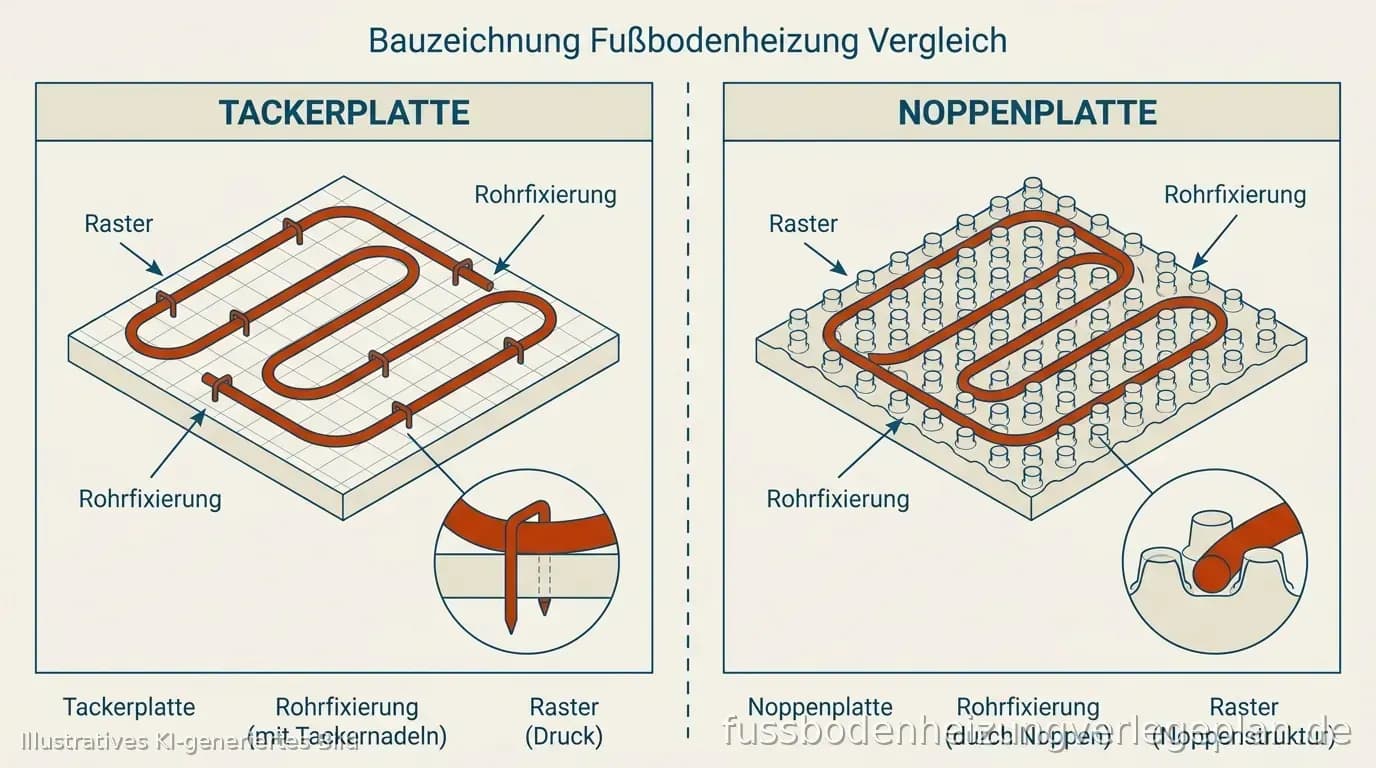 Schema: Tackerplatte mit Klammern versus Noppenplatte mit Rasterführung