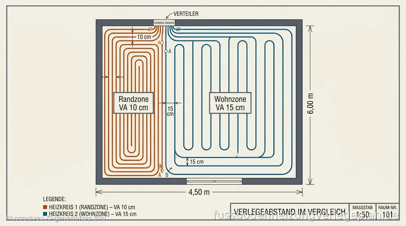Schema: Verlegeabstand in der Fläche und engere Randzone an der Außenwand