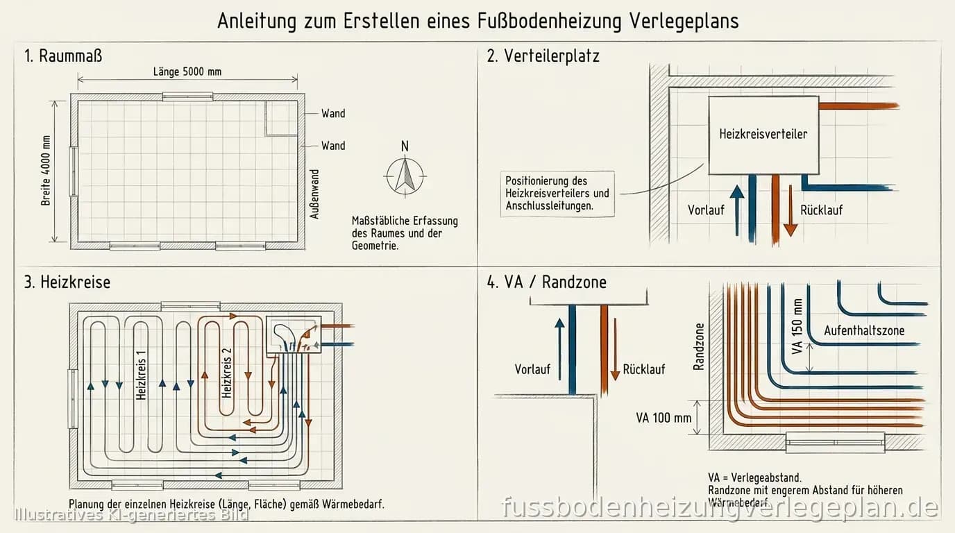 Schema: Schritte vom Raumaufmaß zum fertigen Verlegeplan mit Heizkreisen