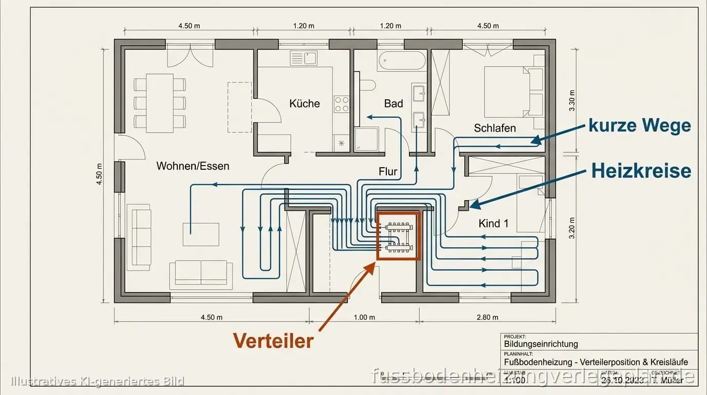 Schema: Verteiler an einer Wand mit wandparallelem Anbindekanal in die Heizfläche