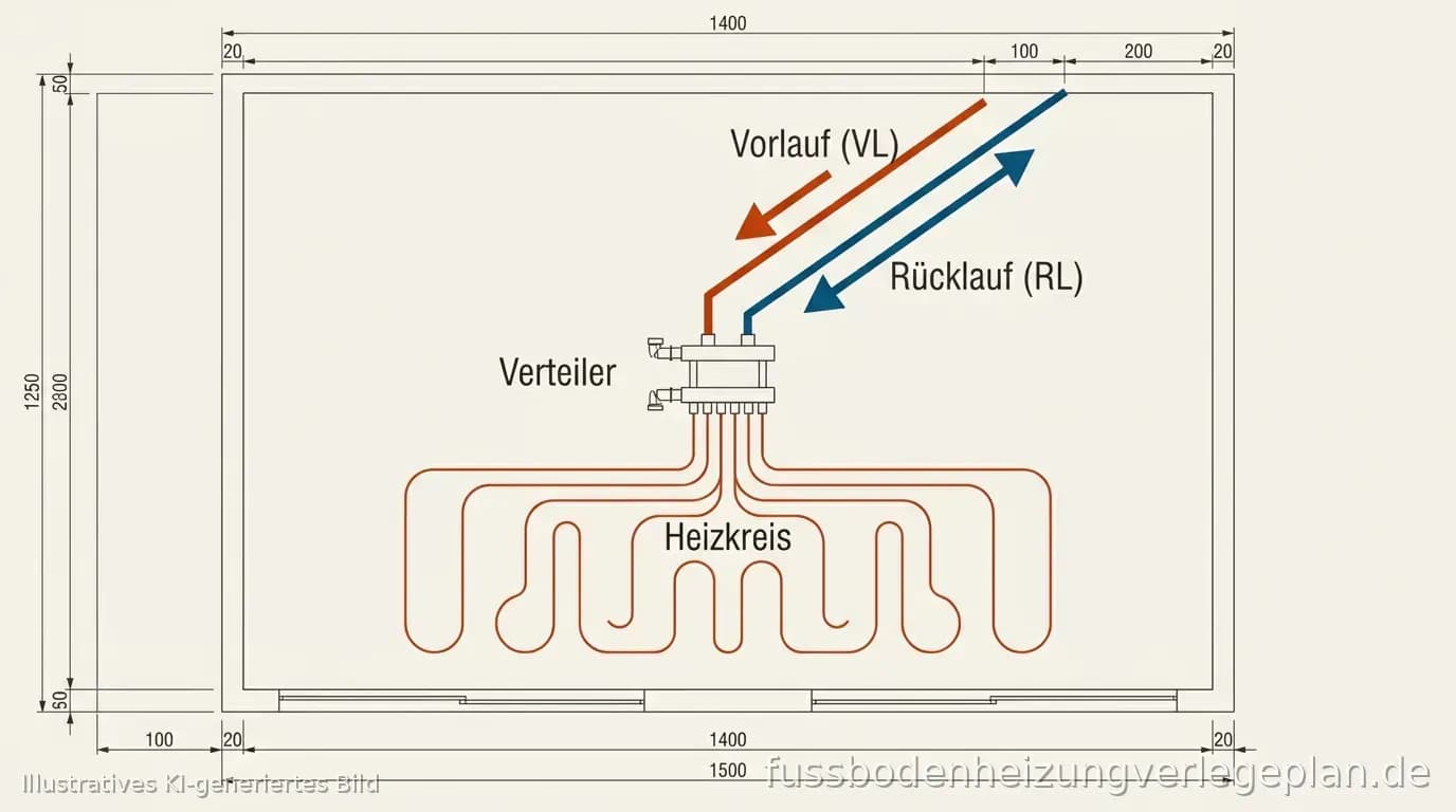 Schema: Vorlauf- und Rücklaufports am Verteiler mit Kreisbahnen in der Fläche