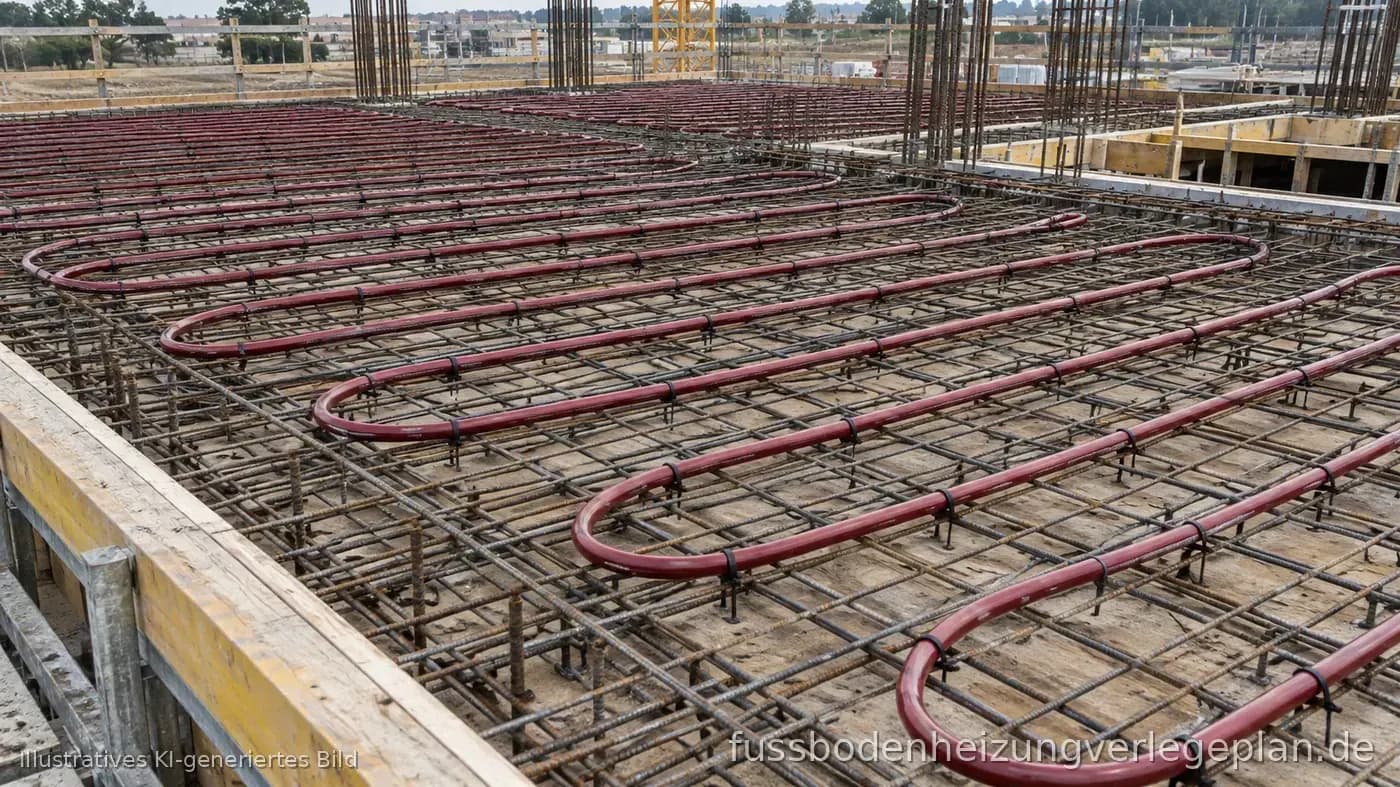 Heizrohre für eine Betonkernaktivierung vor dem Betonieren auf der Bewehrung einer Geschossdecke