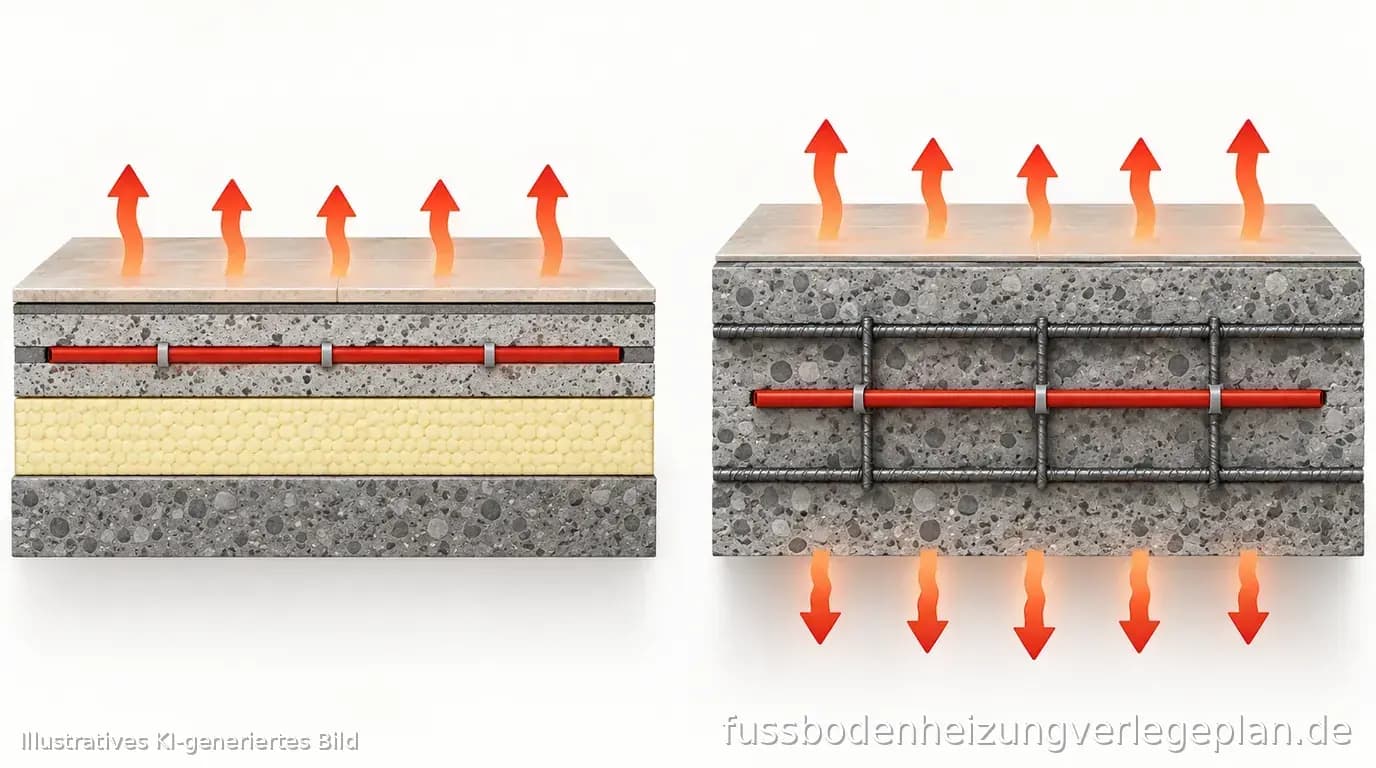 Vergleich der Querschnitte: Fußbodenheizung im Estrich auf Dämmung und Betonkernaktivierung in einer massiven Stahlbetondecke