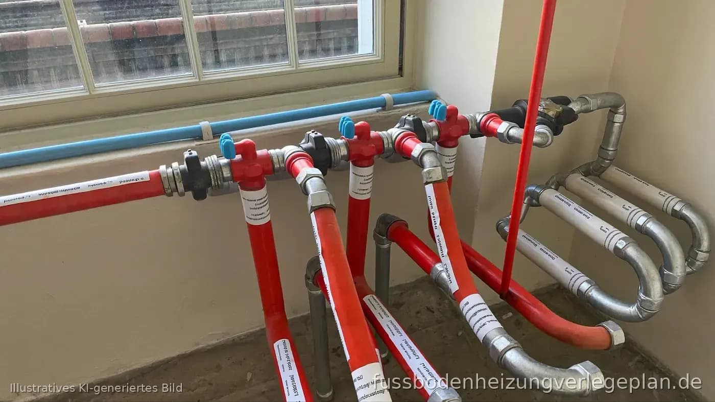 Verlegeplan mit mehreren Heizkreisen und Längenangaben für Fußbodenheizung