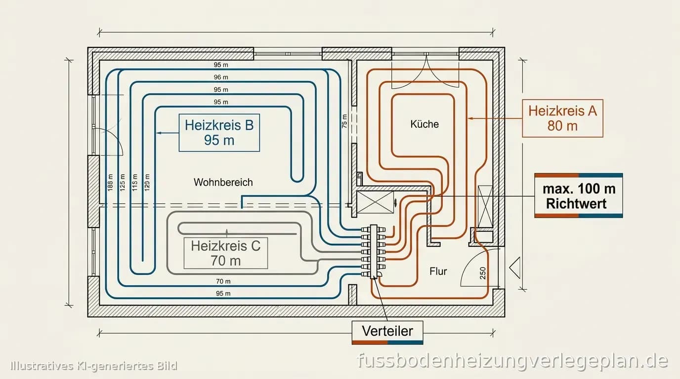 Schema: Heizkreise unterschiedlicher Länge vom Verteiler in die Fläche