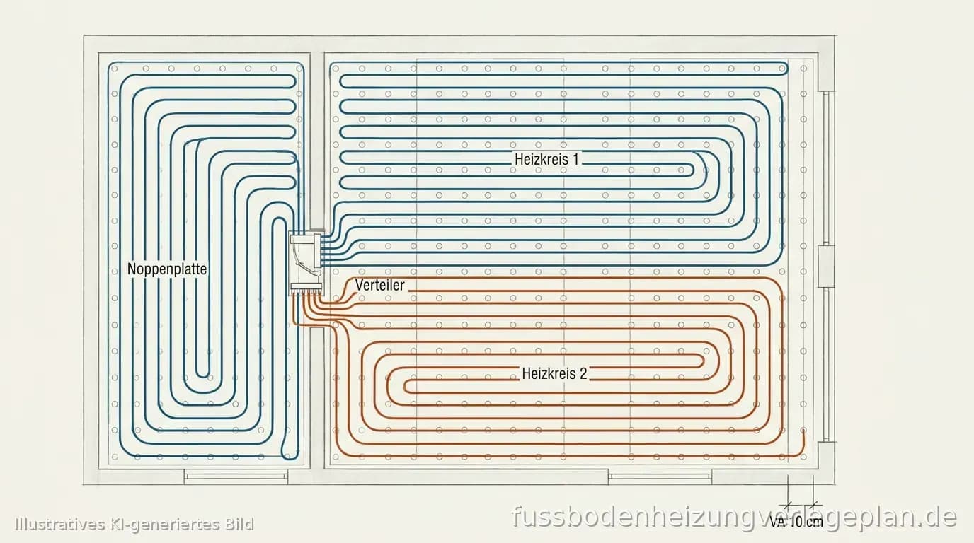 Schema: Noppenraster, Rohrführung, Heizkreise und Anbindung an den Verteiler